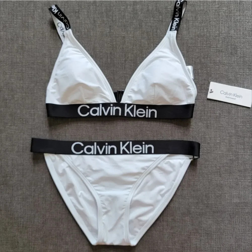 Calvin Klein White Black Logo Triangle Bikini Top with Logo Bottoms sz XL